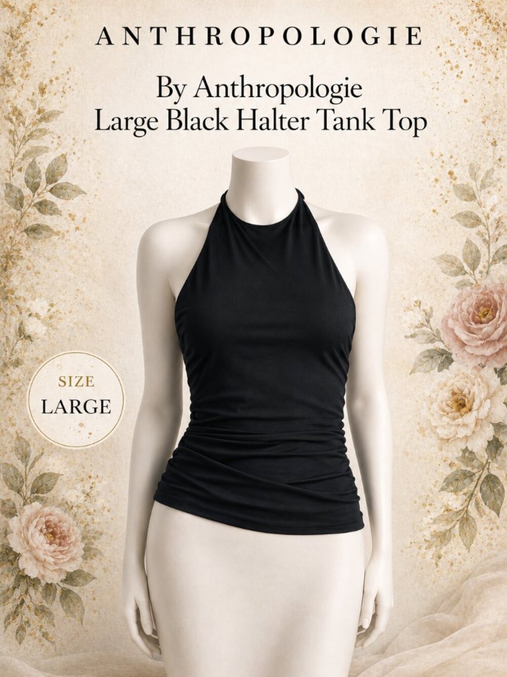 Anthropologie Black Halter Tank Top Womens Large Stretch Fitted Sleeveless